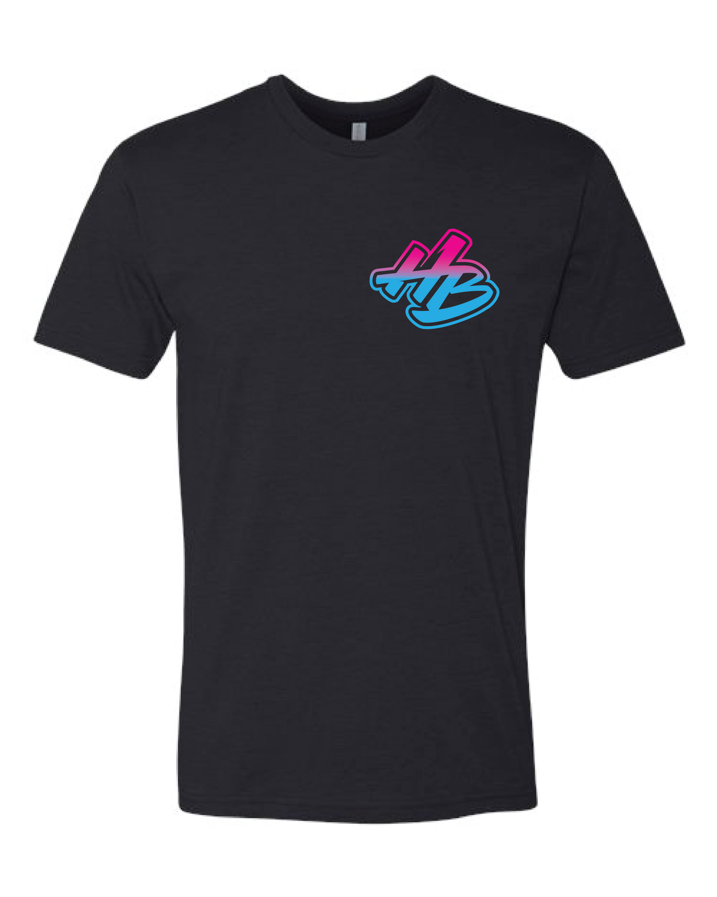 Black garment top with Hell Bent text no matter what at all costs in vibrant blue and pink